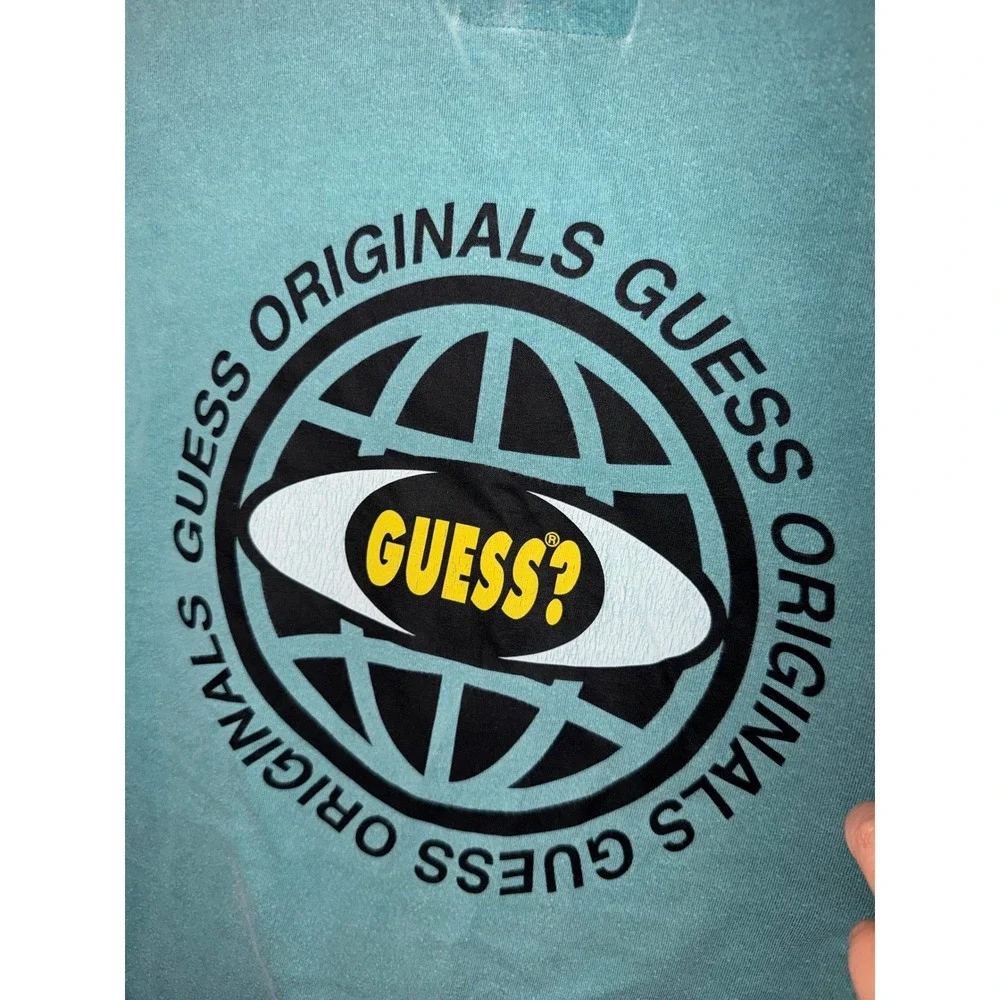 Guess Originals Mens Teal Mineral Wash Globe Graphic T-Shirt Size M Short Sleeve - Picture 2 of 6
